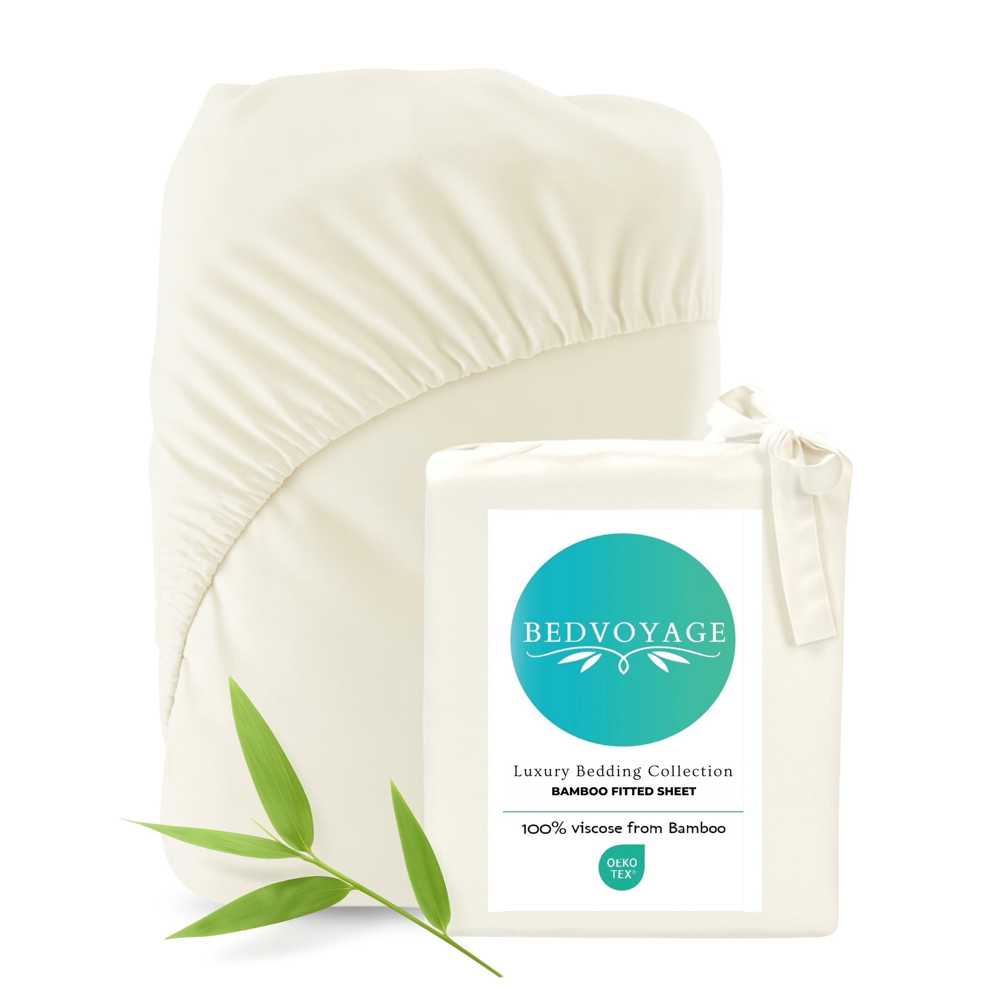 Ivory fitted sheet with Bedvoyage label and bamboo leaf on a white background