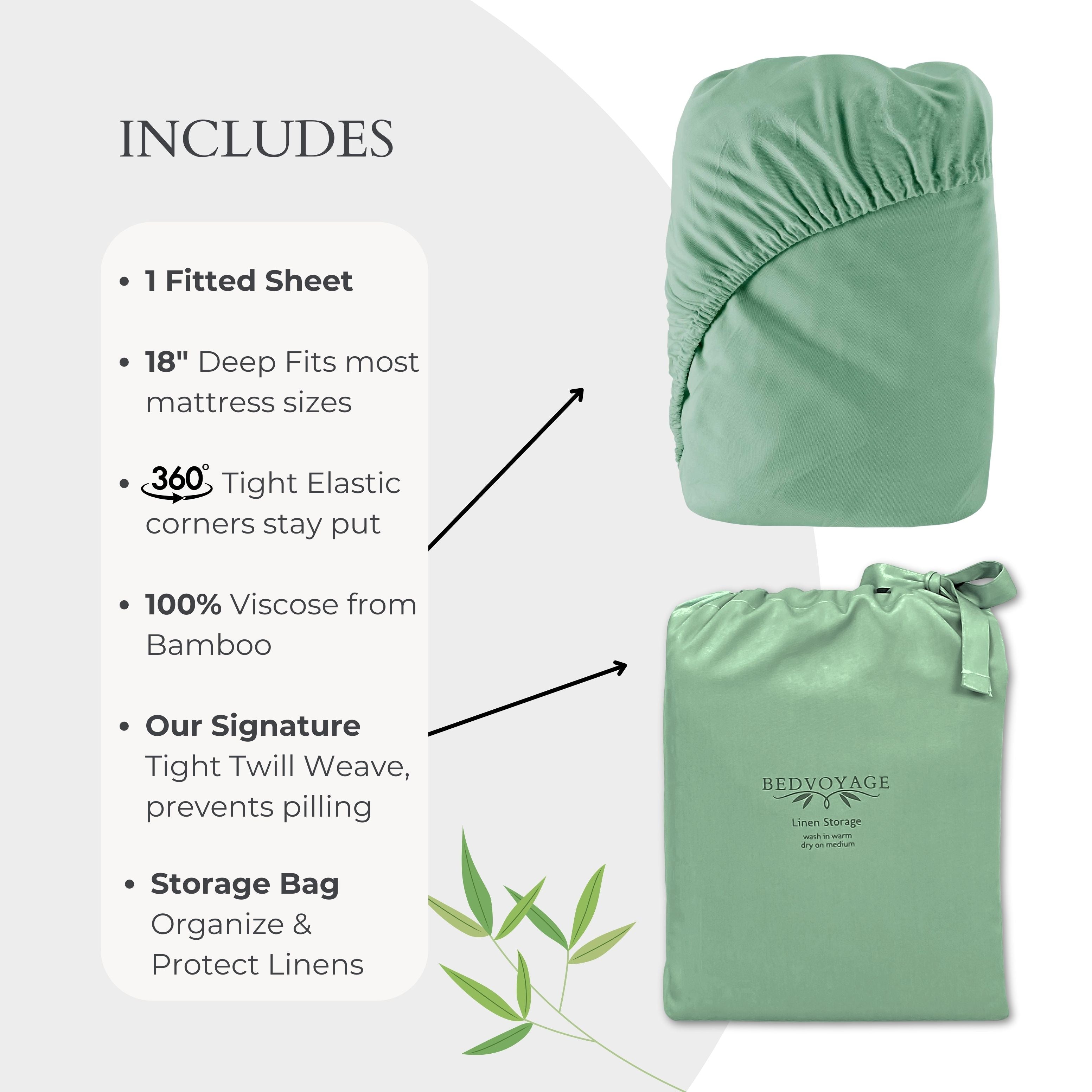Person lying in bed with green bamboo sheets, text highlighting benefits of bamboo bedding.
