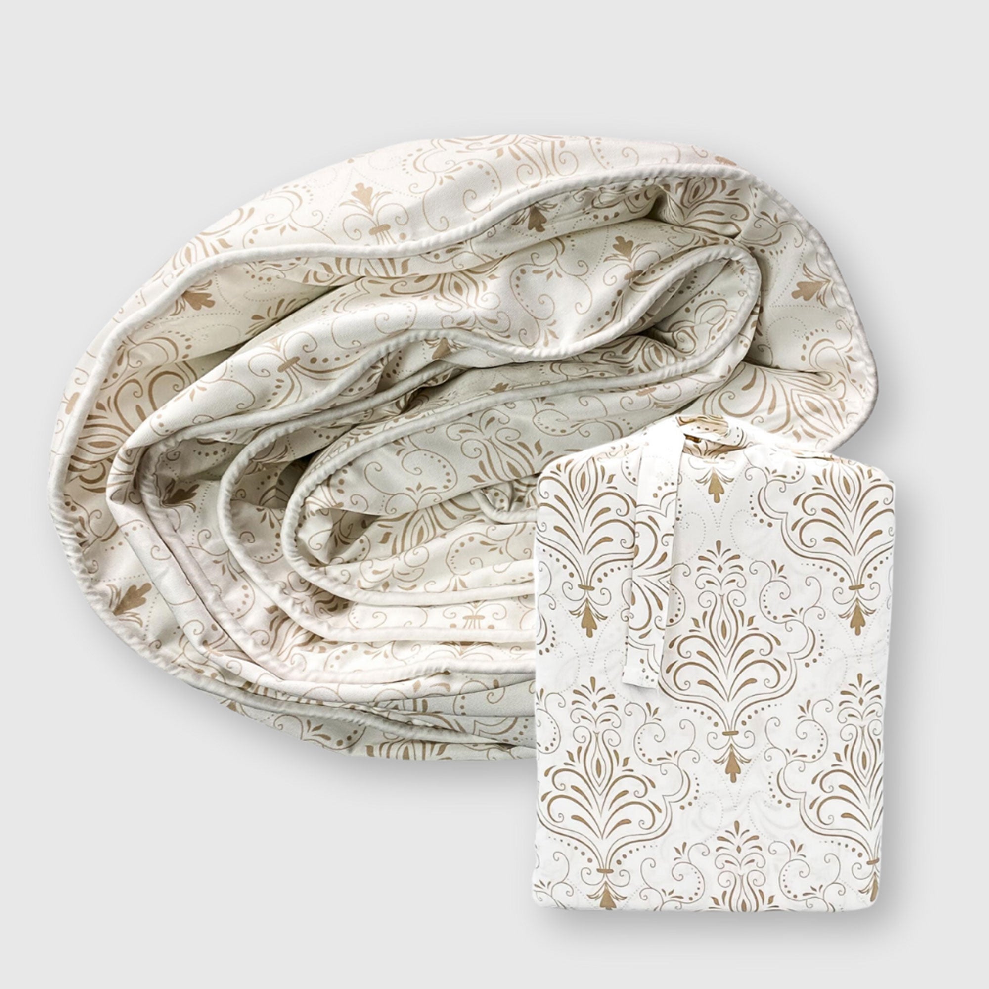 damask white and tan duvet cover with linen storage bag
