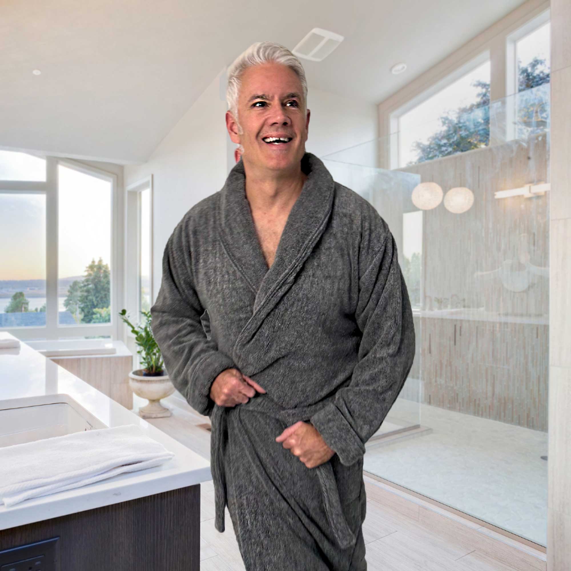 Woman wearing a gray bamboo robe with product features on the right.