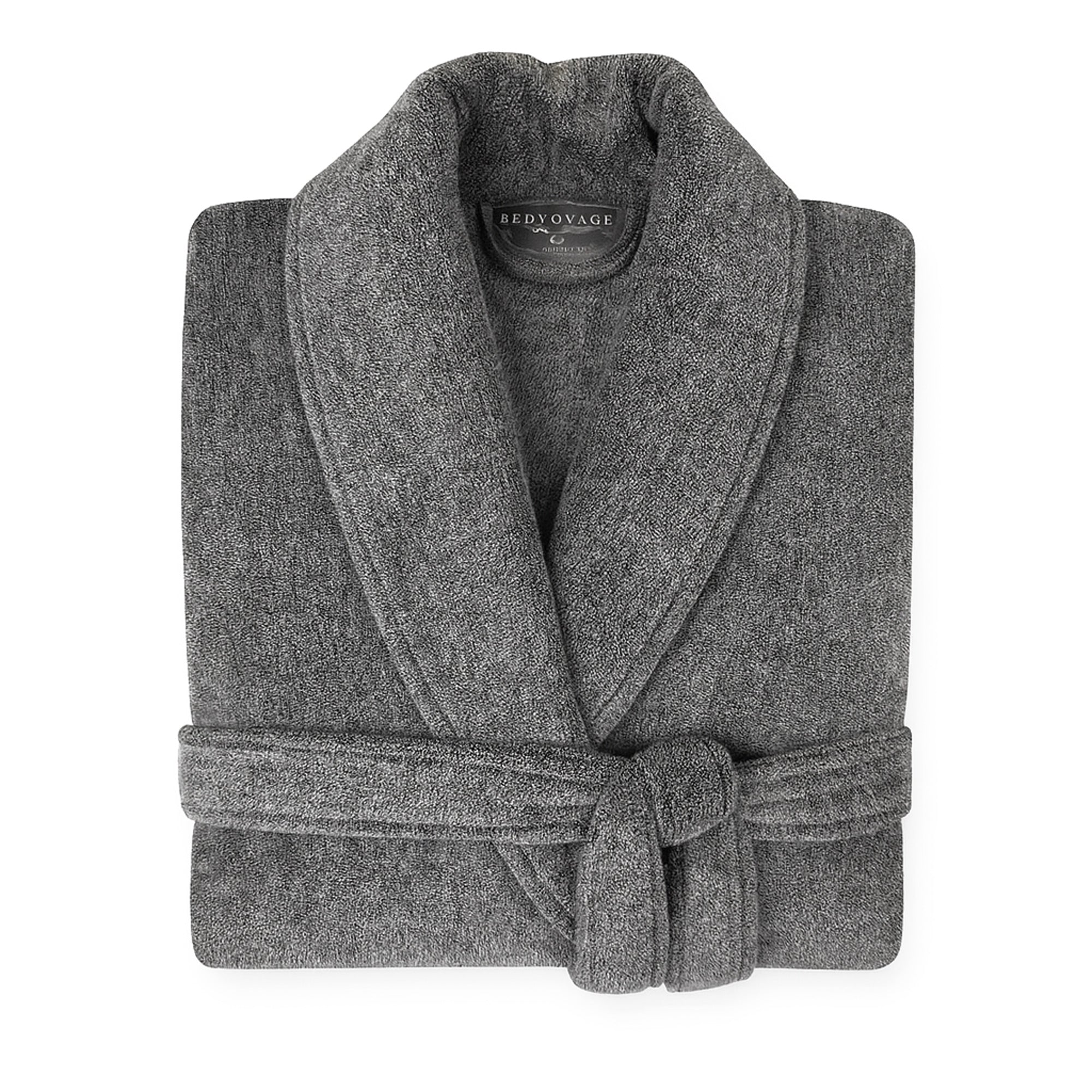 Gray bathrobe with 'BEDVoyage' branding on a white background